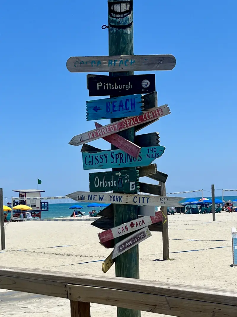 Wooden beach signpost with arrows pointing to New York City, Orlando, Canada and other places