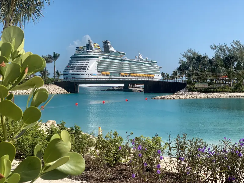 Large white cruise ship docked across a turquoise lagoon lined with palm trees