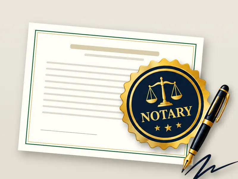 Gold notary seal, fountain pen and signature on a certificate