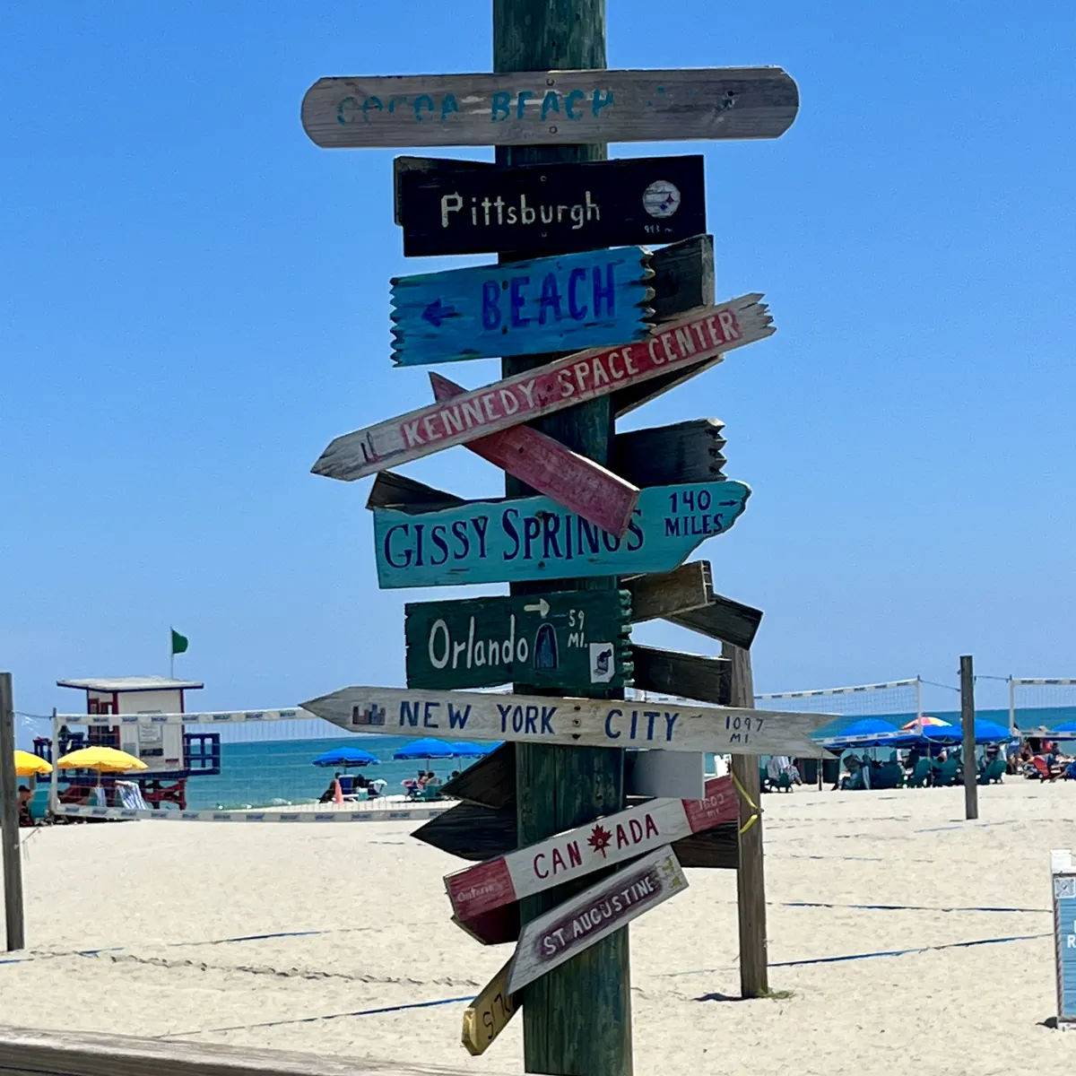 Wooden beach signpost with arrows pointing to New York City, Orlando, Canada and other places